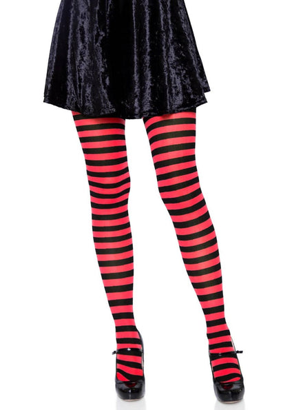 Womens Full Length Red and Black Striped Costume Stockings - Front Image