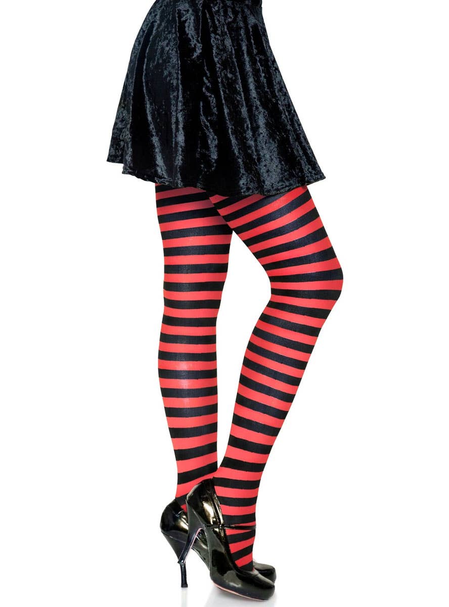 Womens Full Length Red and Black Striped Costume Stockings - Side Image