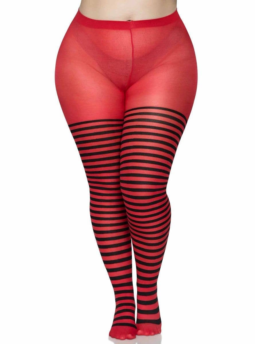 Women's Red and Black Striped Full Length Plus Size Halloween Pantyhose - Alternative Front Image