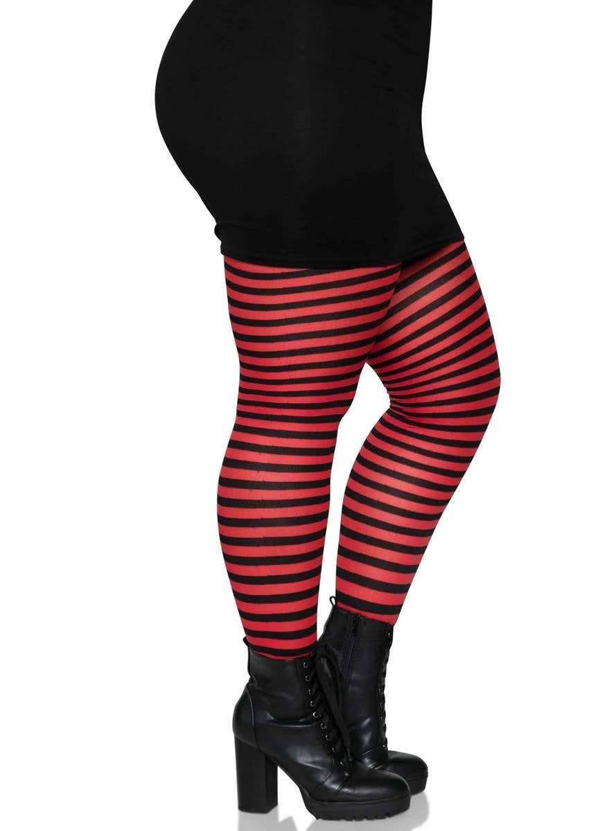 Women's Red and Black Striped Full Length Plus Size Halloween Pantyhose - Side Image