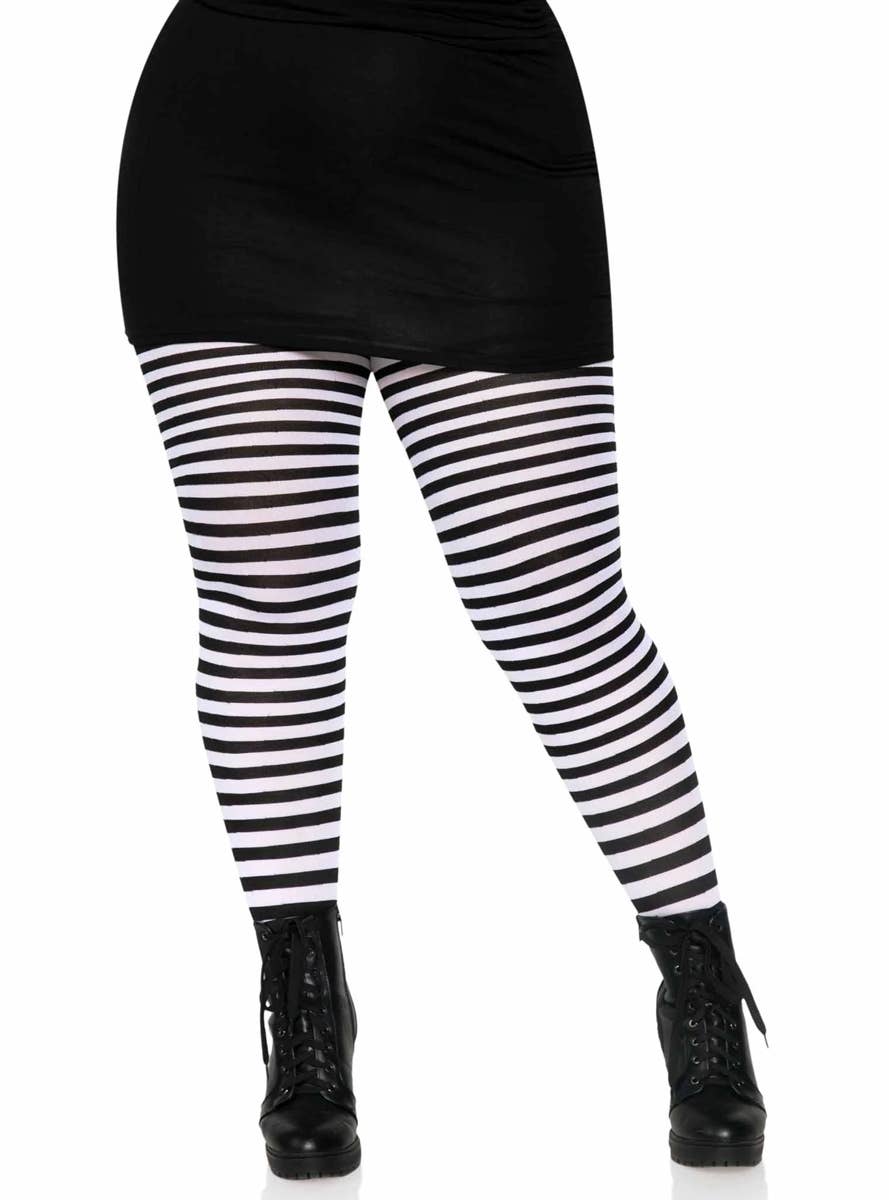 Women's Black and White Striped Full Length Plus Size Halloween Pantyhose - Main Image