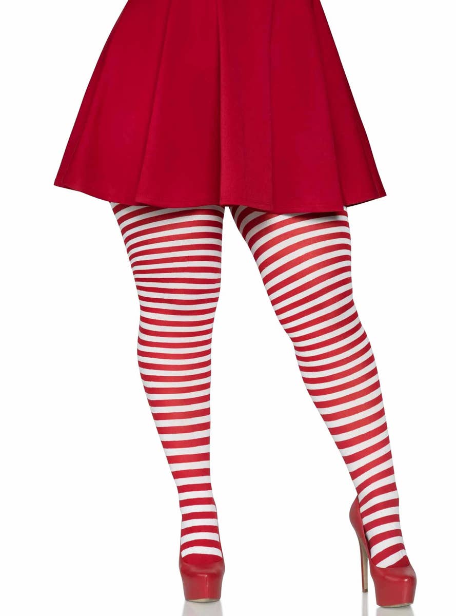 Women's Red and White Striped Full Length Plus Size Halloween And Christmas Pantyhose - Main Image