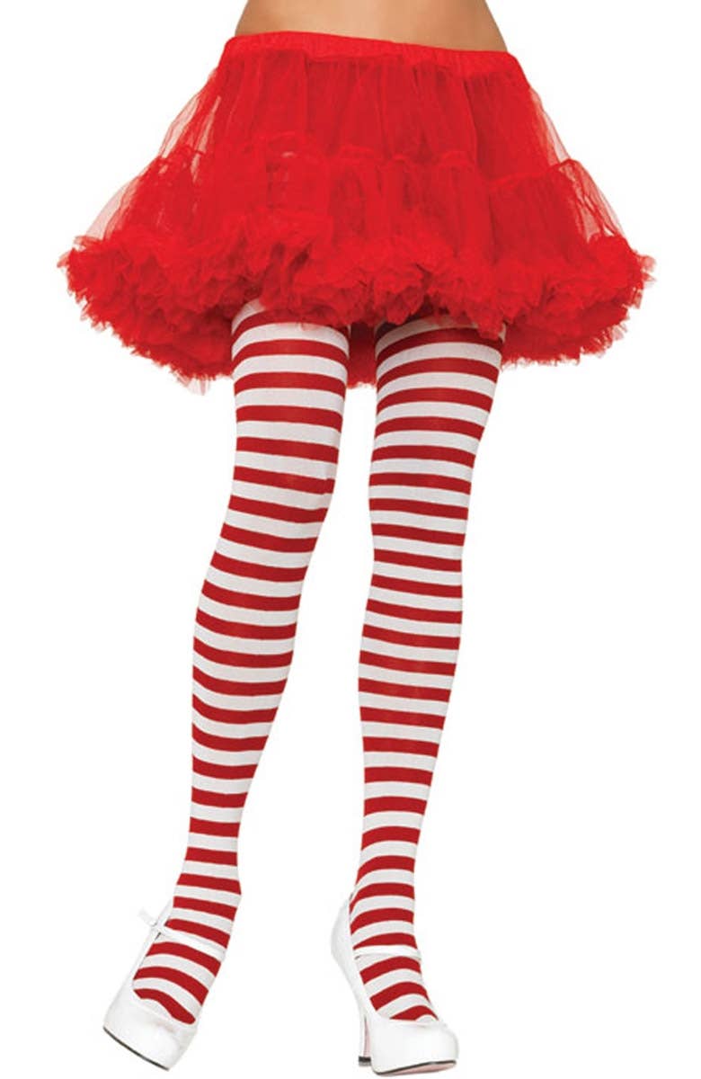 Women's Red and White Striped Full Length Halloween And Christmas Pantyhose
