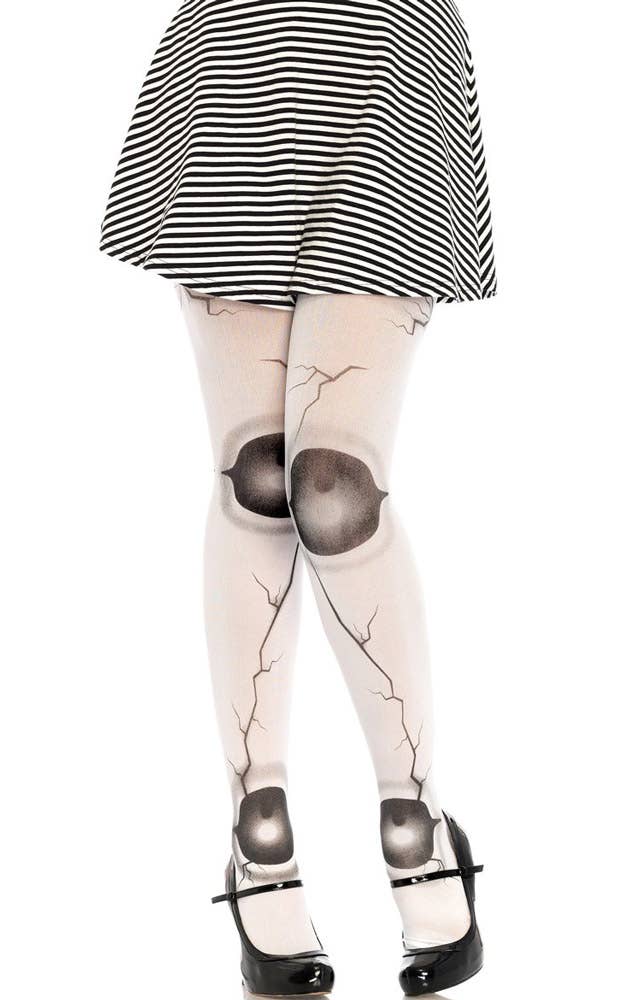 Women's White Cracked Doll Stockings With Black Cracks and Joints Halloween Tights Main Imag