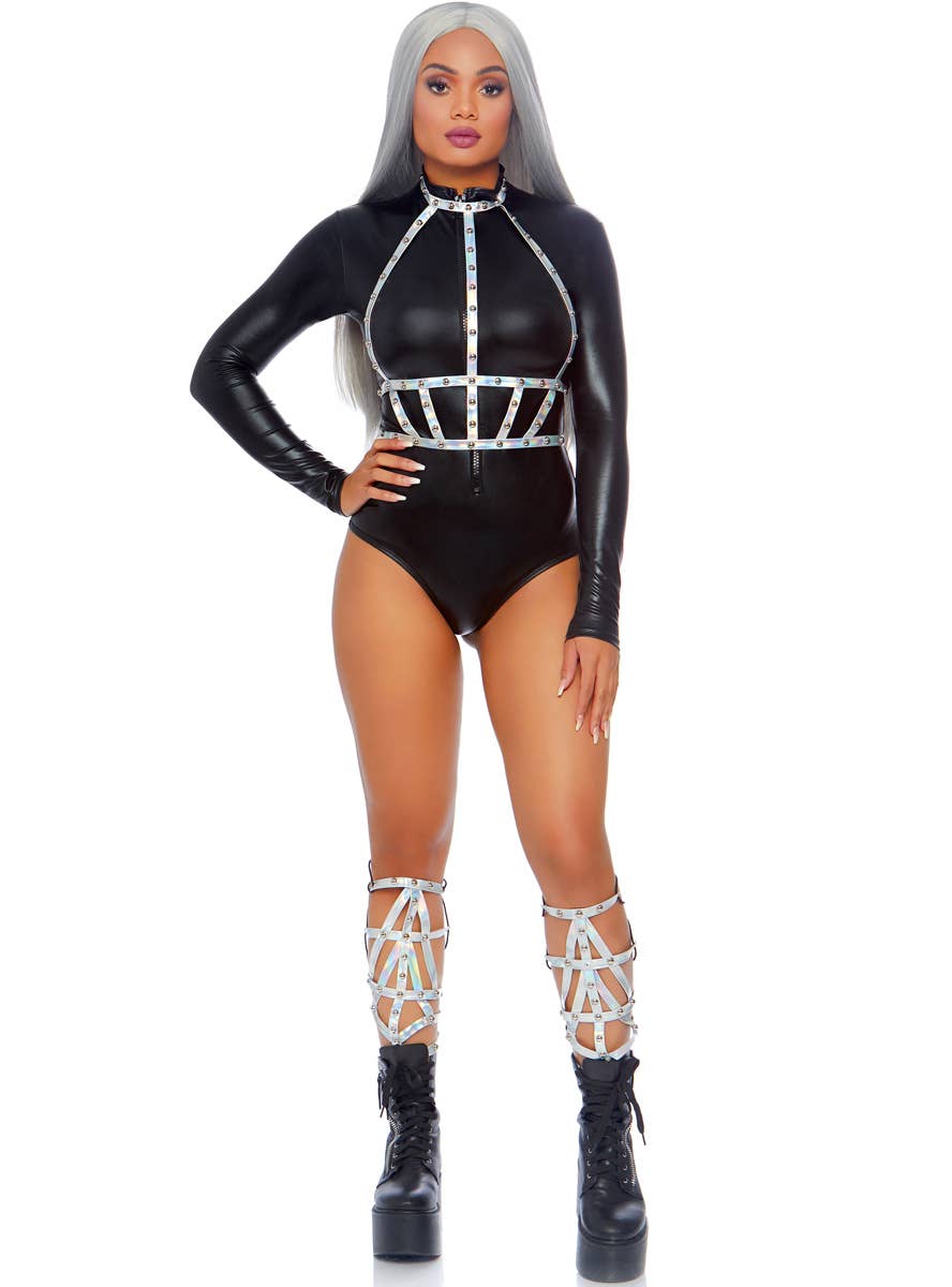 Women's Silver Hologprahic Studded Vinyl Body Harness Full Front Image