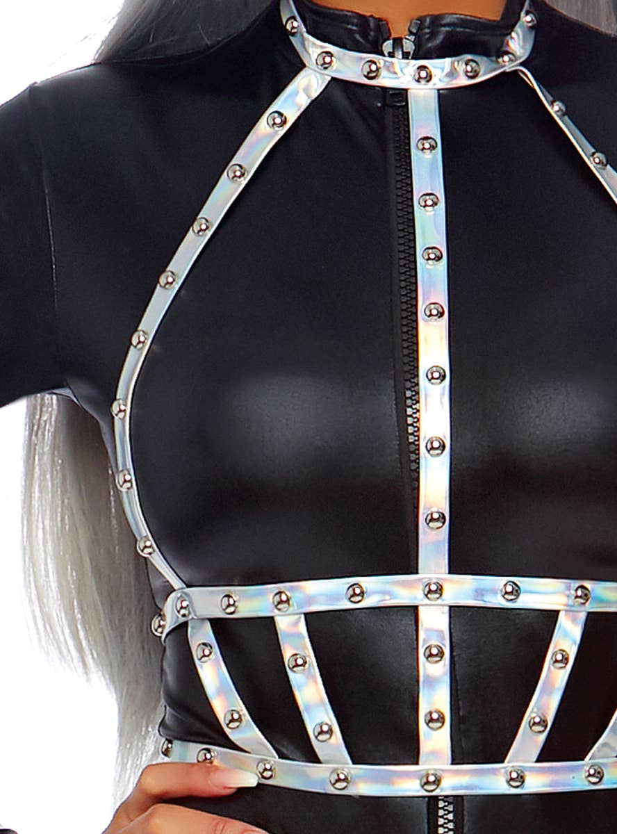 Women's Silver Hologprahic Studded Vinyl Body Harness Close Front Image