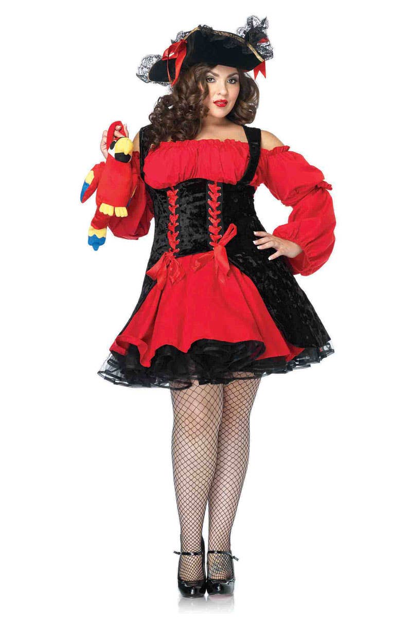 Black and Red Satin Sexy Pirate Costume for Plus Size Women - Front Image