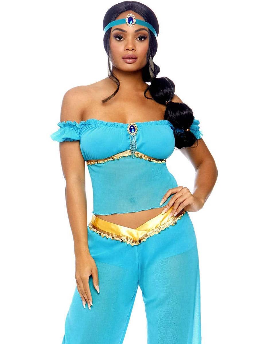 Women's Sexy Blue and Gold  Princess Jasmine Costume - Close View