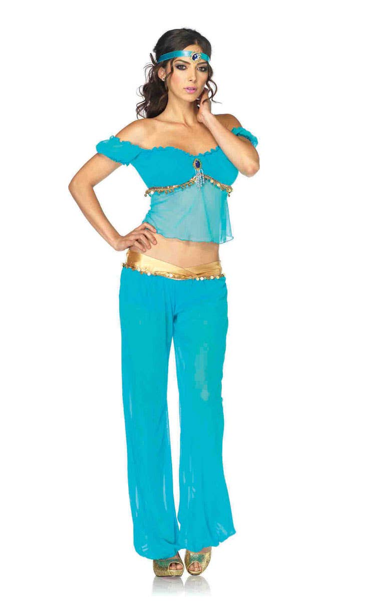 Women's Sexy Blue and Gold  Princess Jasmine Costume - Alt View