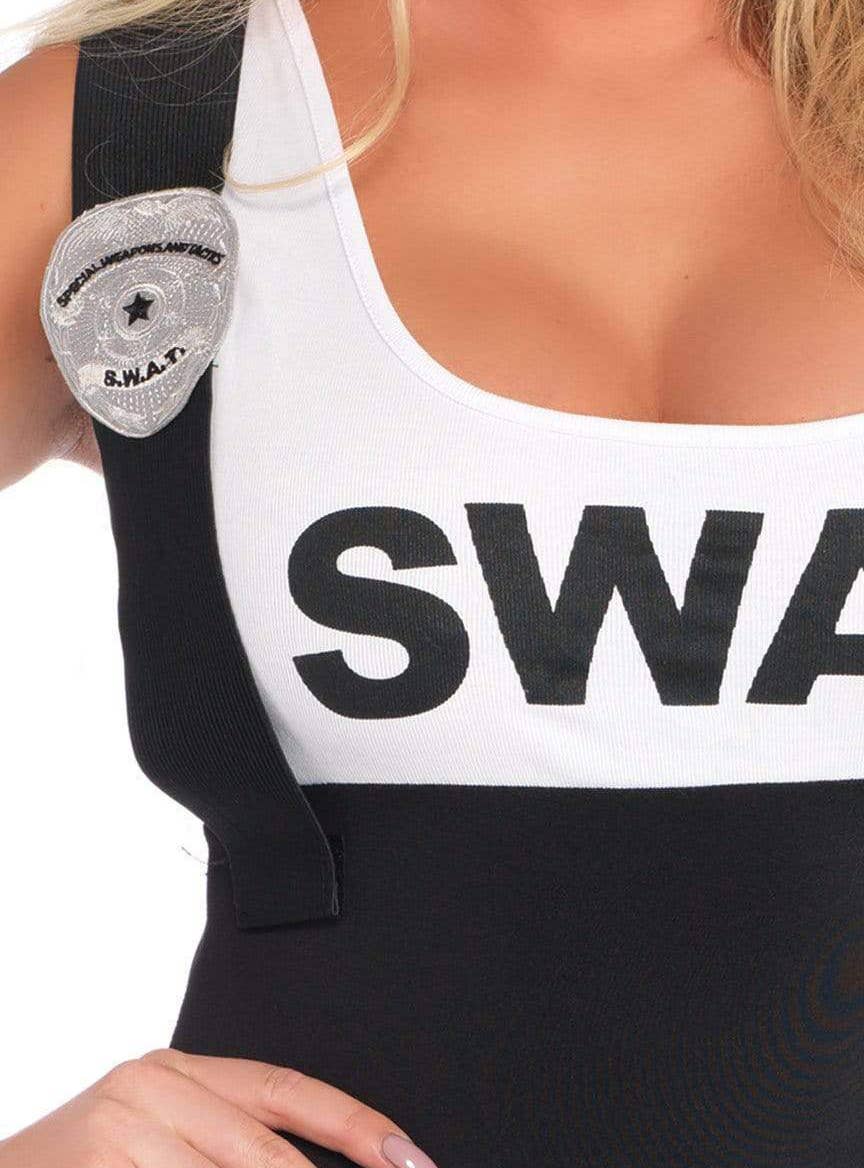 Women's Sexy SWAT Officer Jumpsuit Costume - Close Up Badge Image