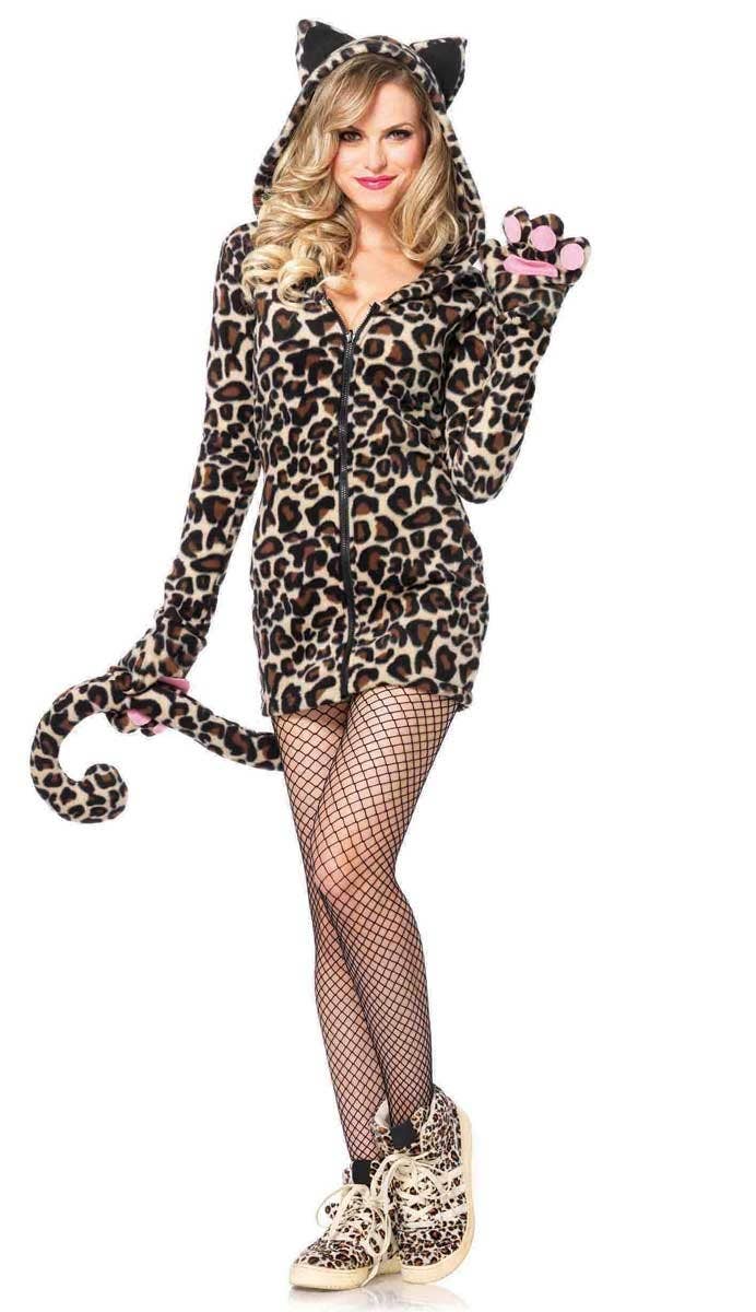 Women's Cozy Fleecy Leopard Animal Fancy Dress Costume Front