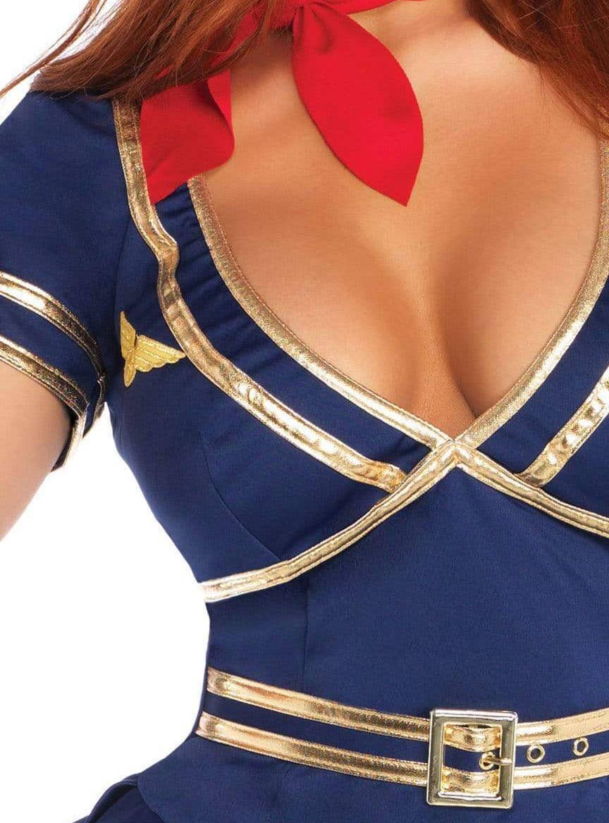 Retro Air Hostess Navy and Gold  Women's Sexy Costume Uniform - Close Up View 3