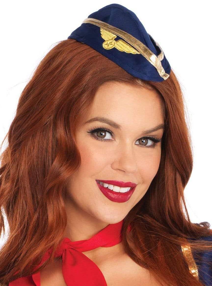 Retro Air Hostess Navy and Gold  Women's Sexy Costume Uniform - Hat View