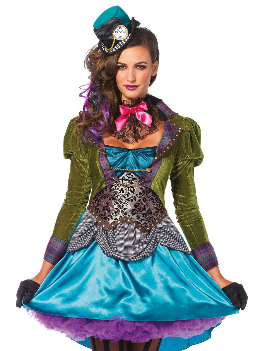 Women's Deluxe Blue and Green Mad Hatter Costume - Close Front Image