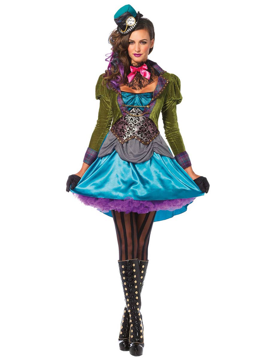 Women's Deluxe Blue and Green Mad Hatter Costume - Front Image