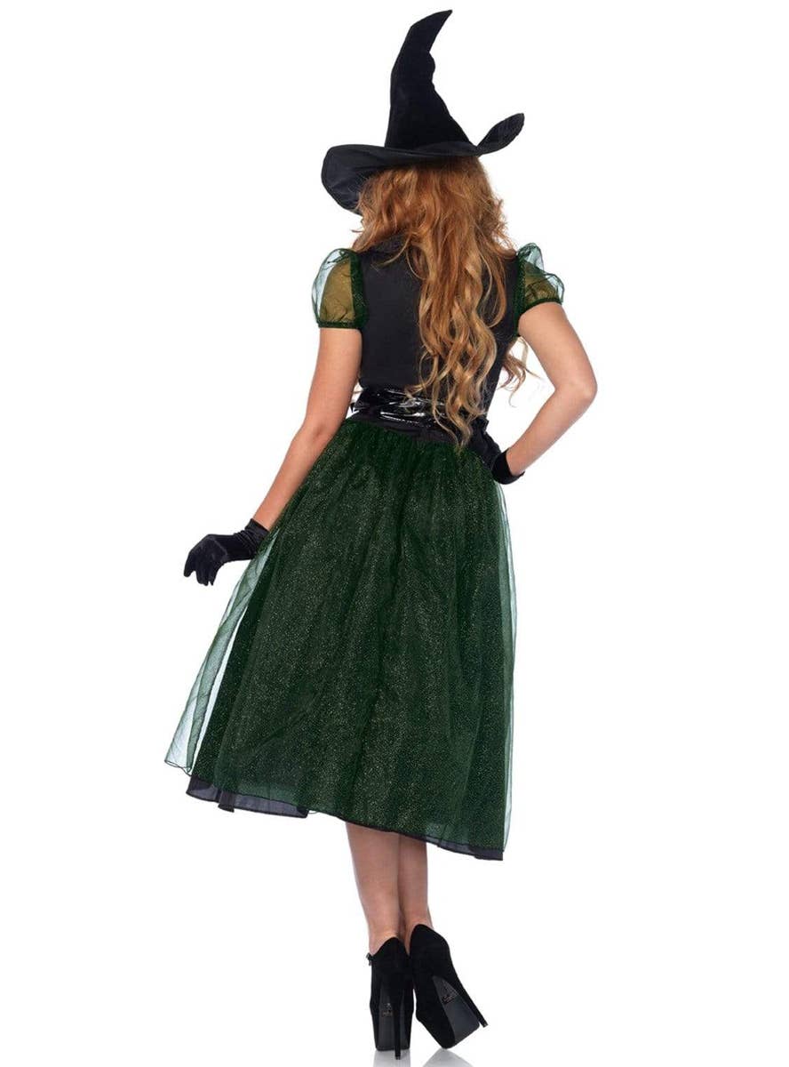 Women's Deluxe Black and Green Witch Halloween Costume - Back View