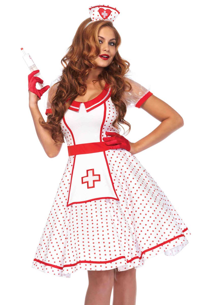 Red Polka Dot Retro Nurse Costume for Women Close Front Image