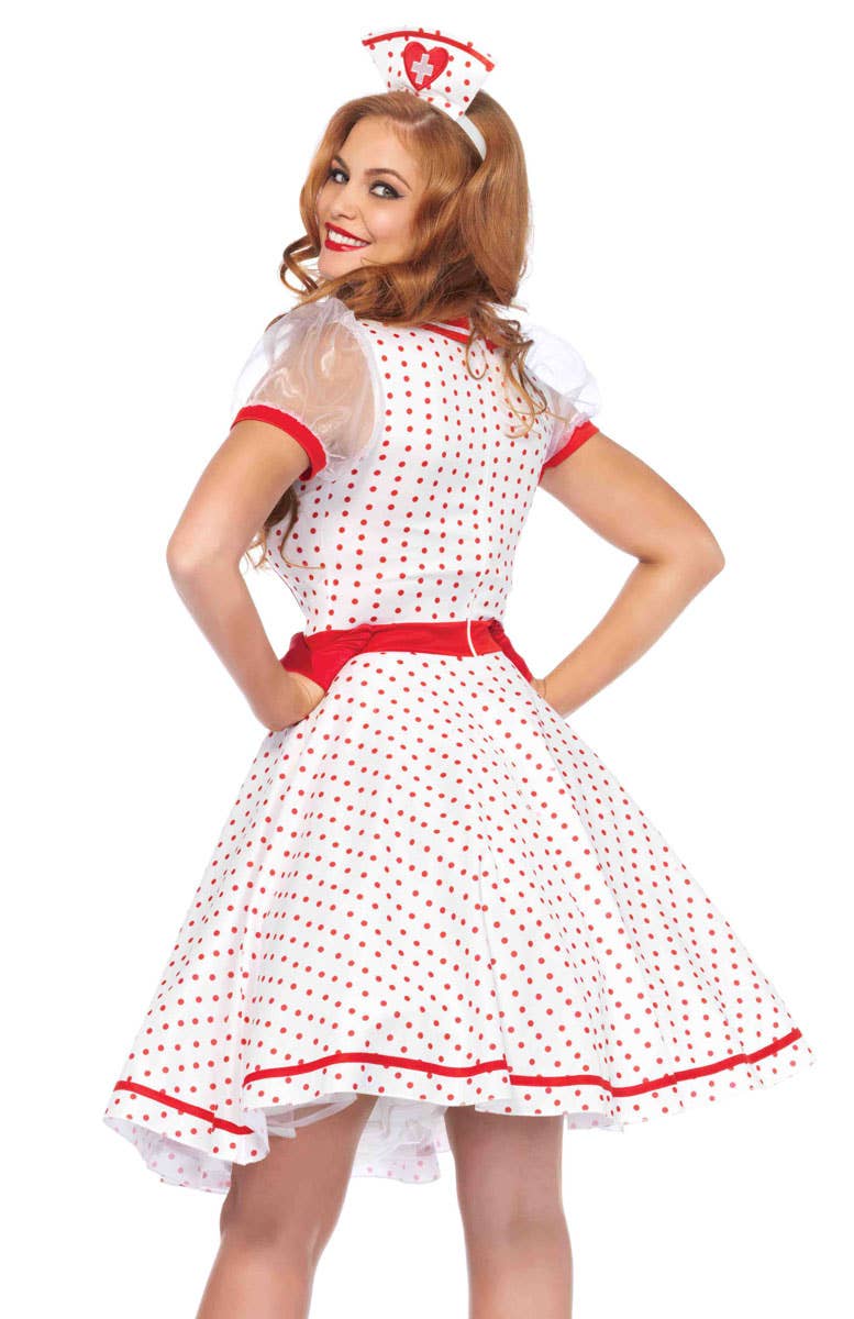 Red Polka Dot Retro Nurse Costume for Women Close Back Image