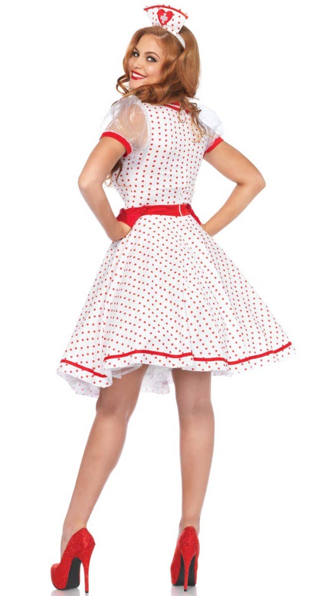 Red Polka Dot Retro Nurse Costume for Women Back Image