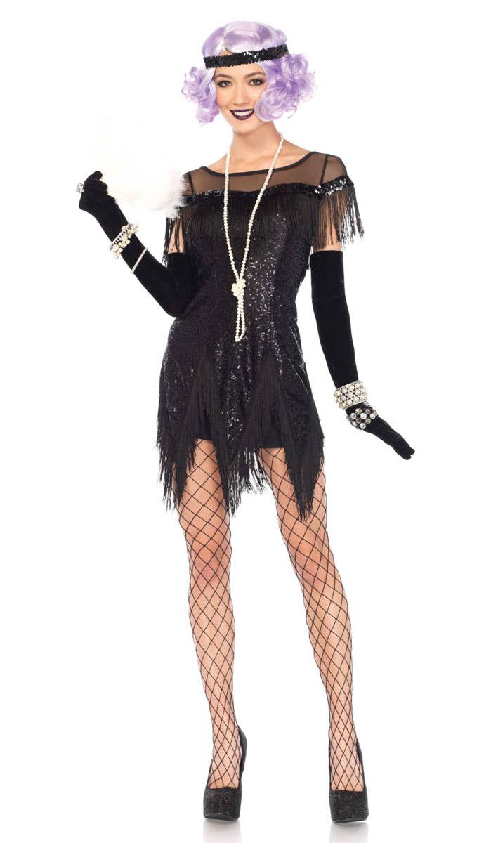 Sequined Black 1920's Women's Fancy Dress Costume Front View