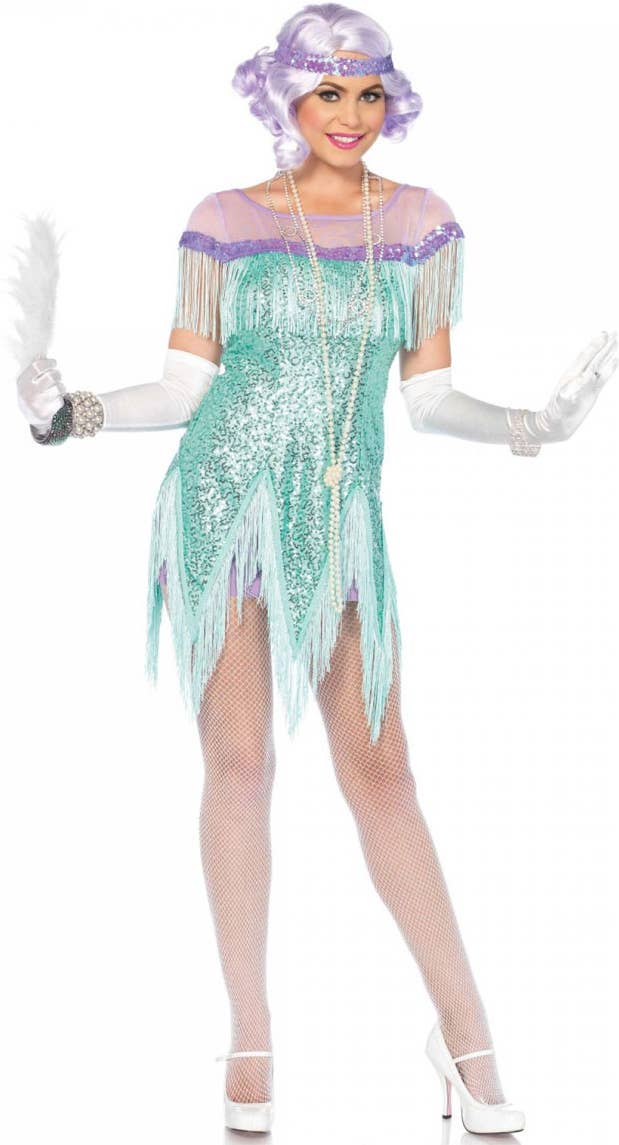 Women's Sequinned Aqua Flirty Flapper Costume Front View