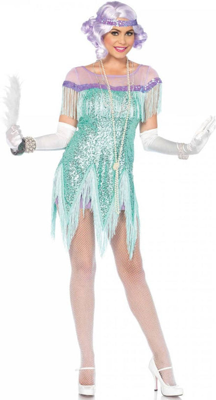 Women's Sequinned Aqua Flirty Flapper Costume Front View