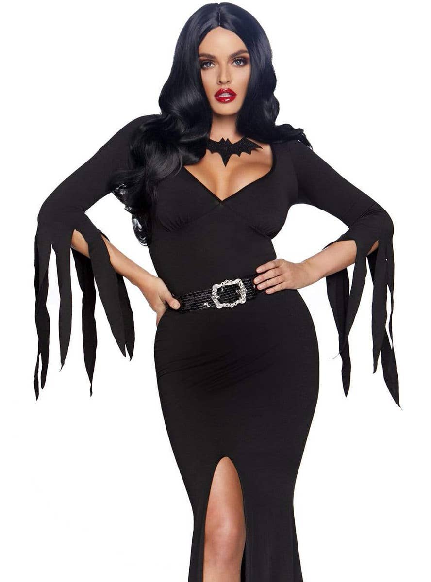 Mistress Of Darkness Long Black Sexy Dress Women's Elvira Costume Close Front Image 1