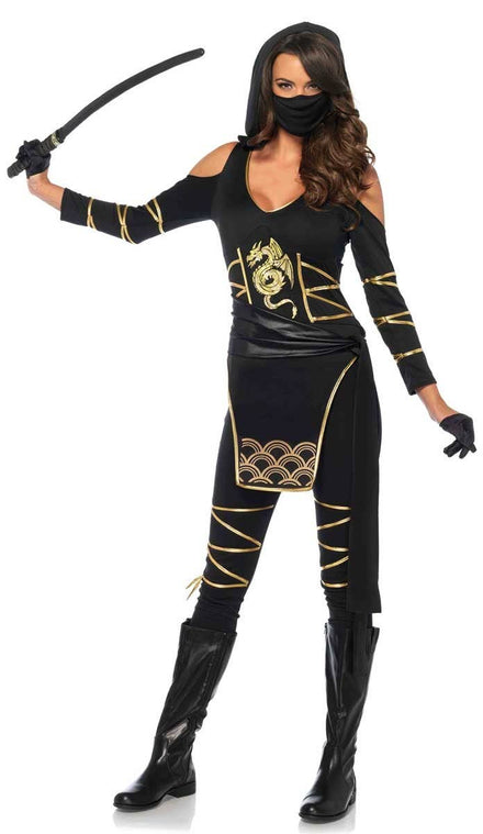 Black and Gold Japanese Ninja Costume for Women Front Image