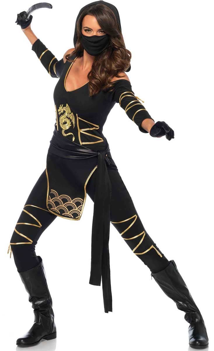 Black and Gold Japanese Ninja Costume for Women Front Image 3