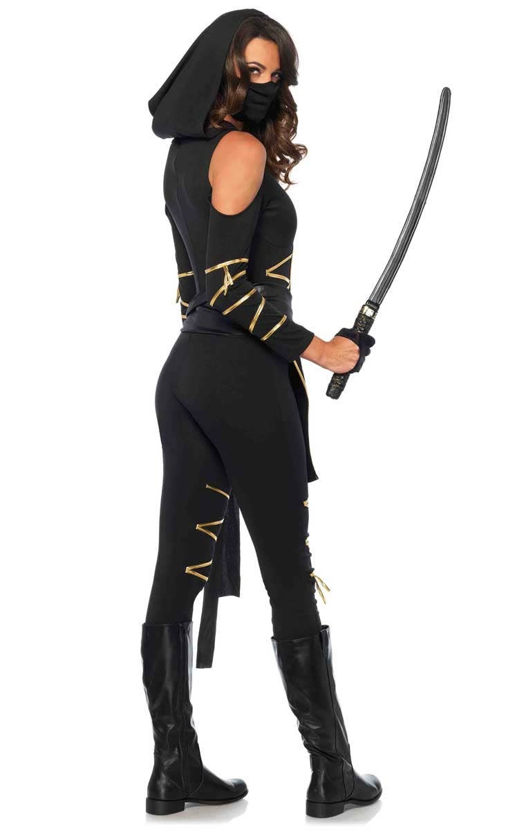 Black and Gold Japanese Ninja Costume for Women Back Image