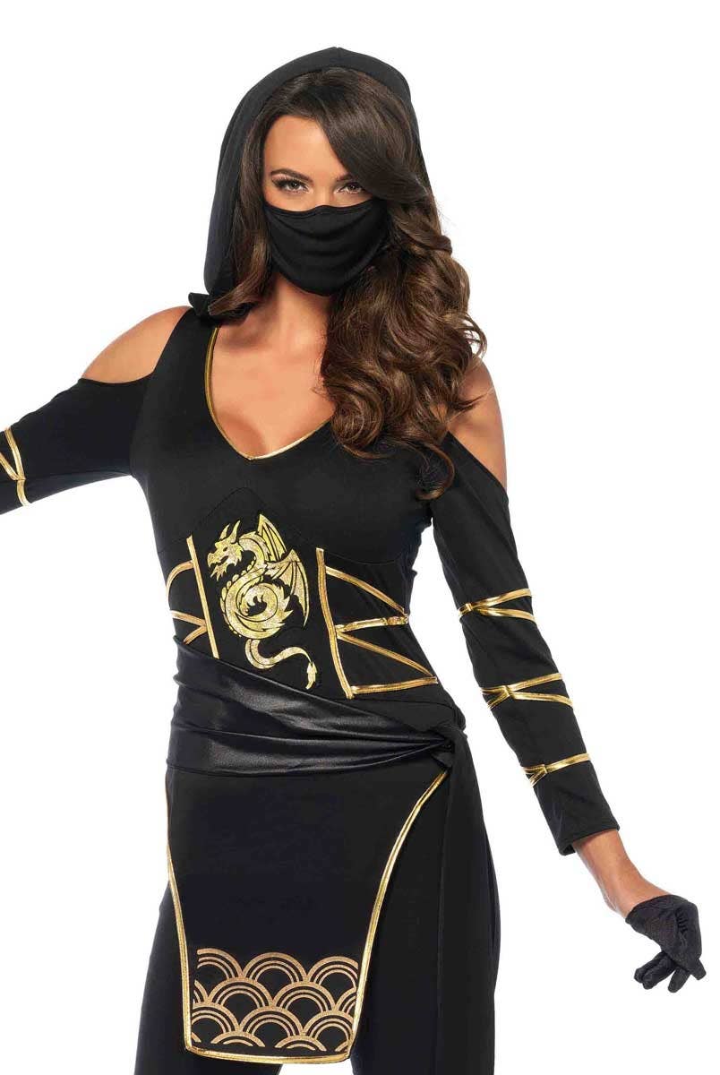 Black and Gold Japanese Ninja Costume for Women Front Image 2