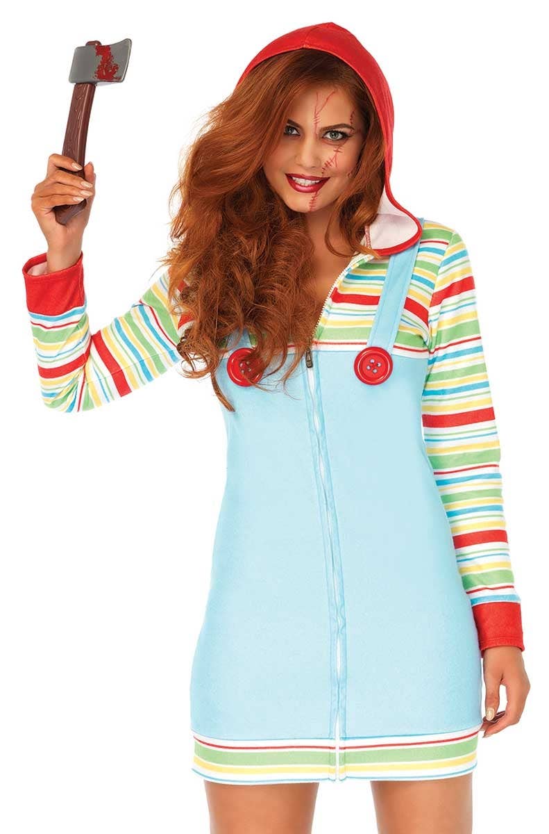 Women's Cozy Killer Doll Chucky Halloween Costume Close Front View