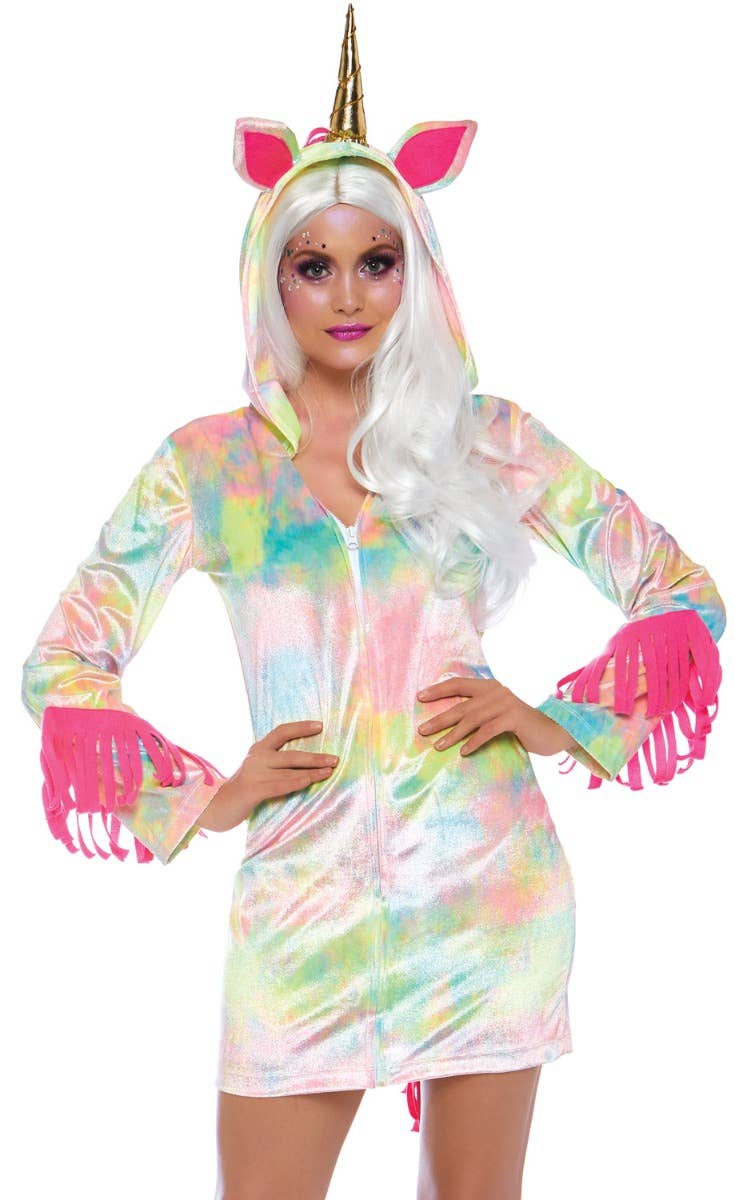 Women's Cozy Rainbow Enchanted Unicorn Fancy Dress Costume Close Front Image