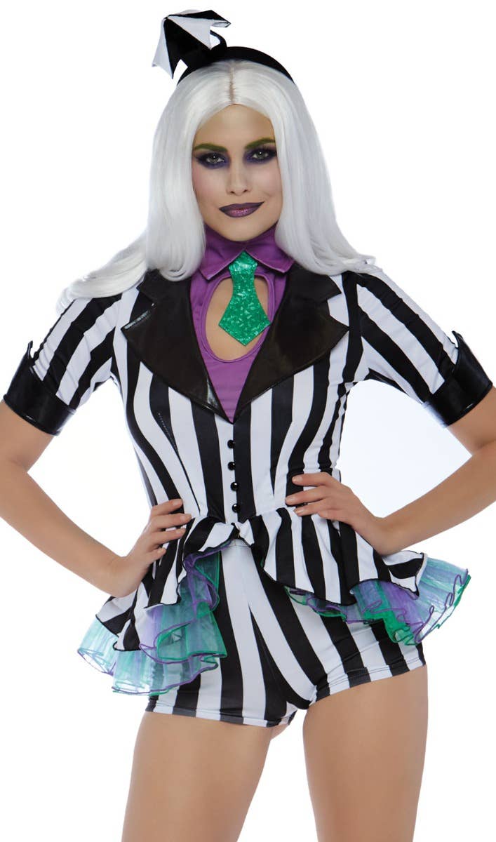 Beetle Babe Sexy Women's Beetlejuice Halloween Costume Close Front View