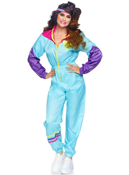 Women's Retro 1980's Blue Shell Suit Tracksuit Fancy Dress Costume View 1