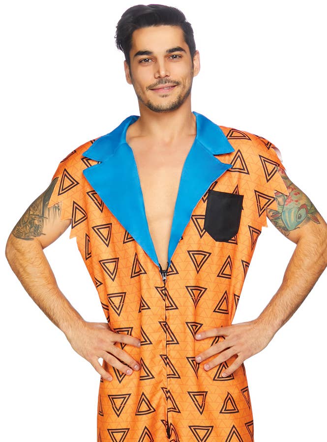 Men's Fred Flintstone Onesie Fancy Dress Costume Close Front Image