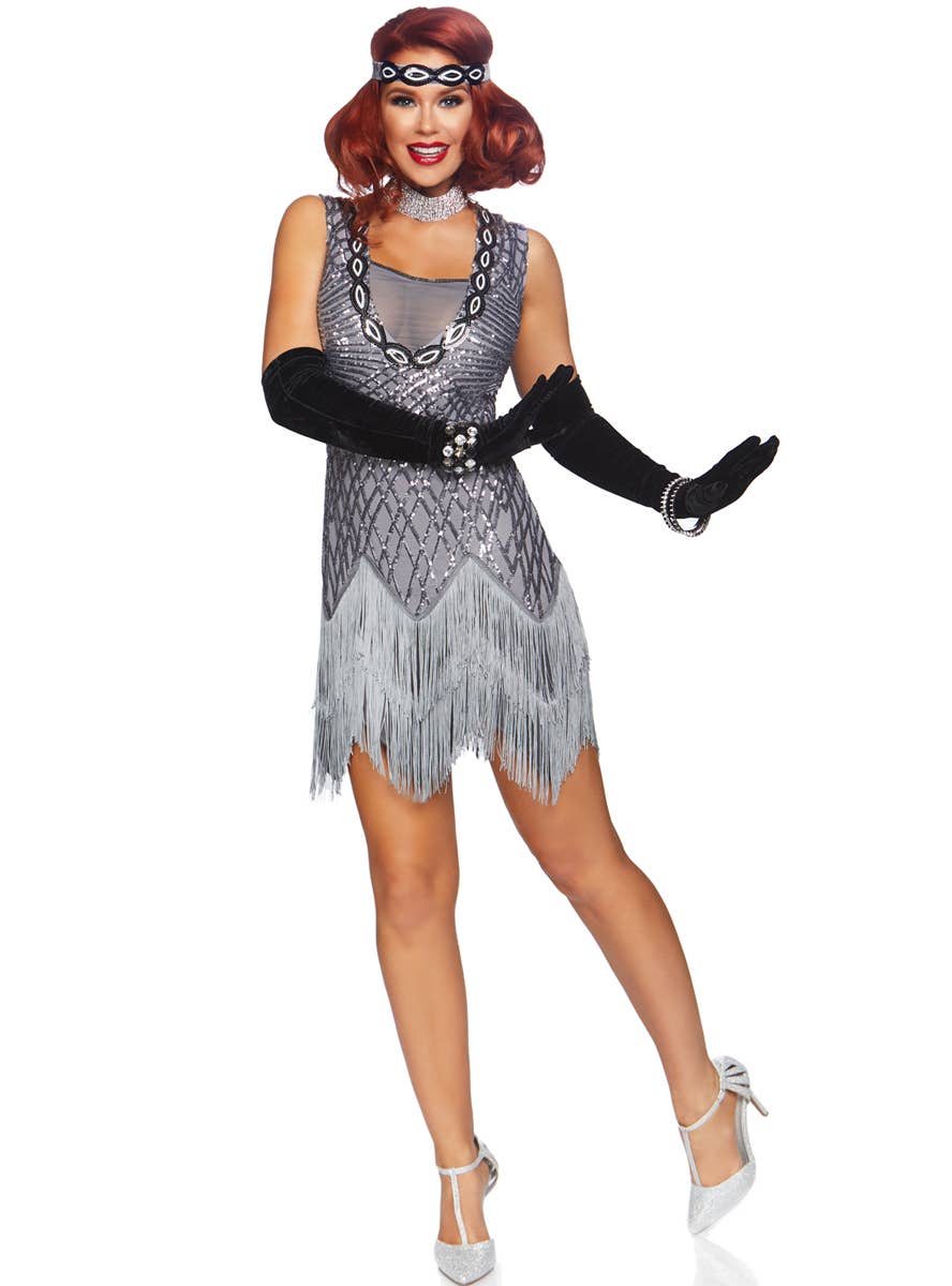 Women's Roaring Roxy 1920's Deluxe Silver Flapper Costume View 2