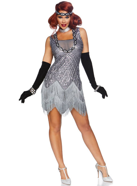 Women's Roaring Roxy 1920's Deluxe Silver Flapper Costume View 1 