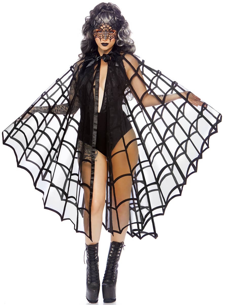 Adult's Flocked Black Velvet Spider Web Halloween Costume Cape View 1