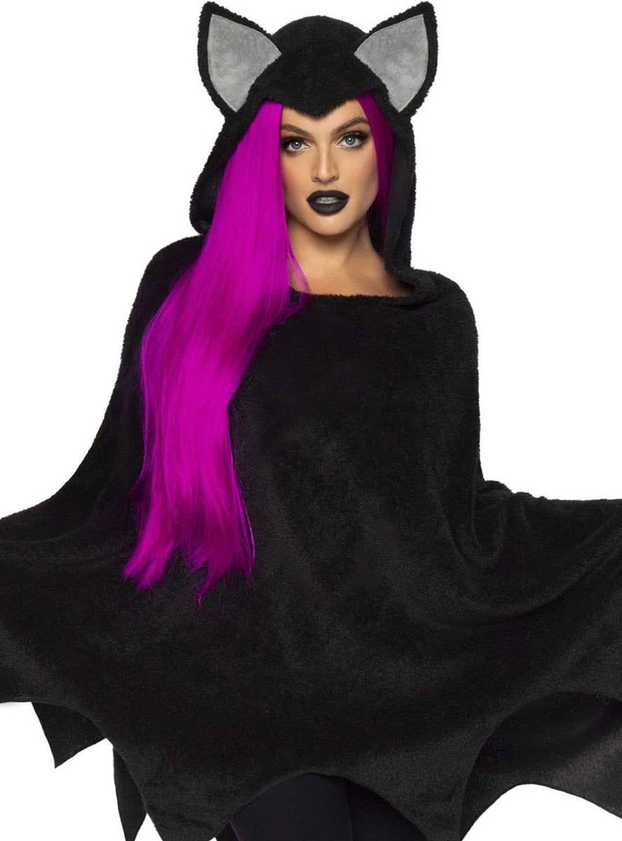 Womens Furry Black Bat Cozy Costume Poncho - Close Front Image