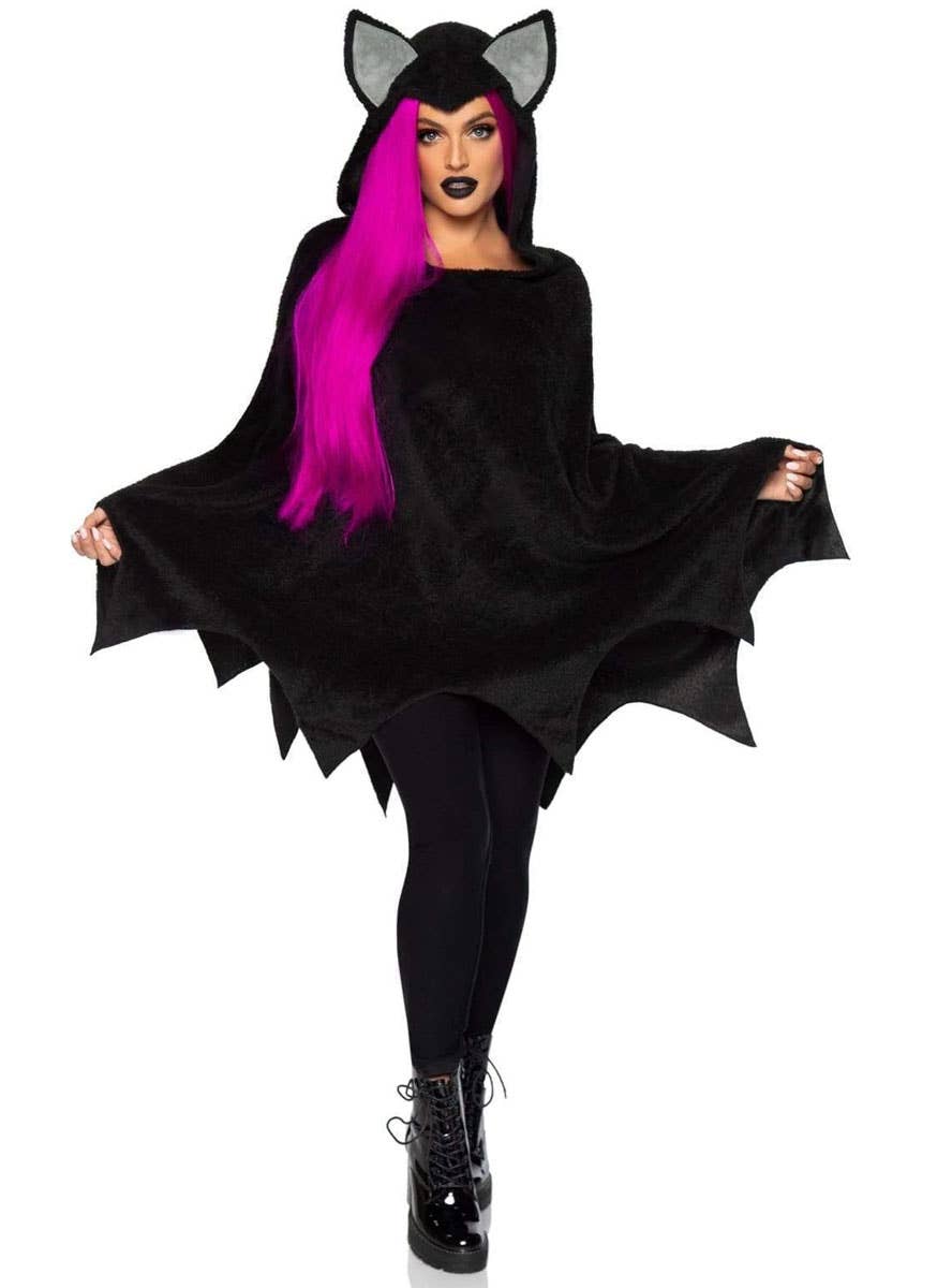 Womens Furry Black Bat Cozy Costume Poncho - Front Image