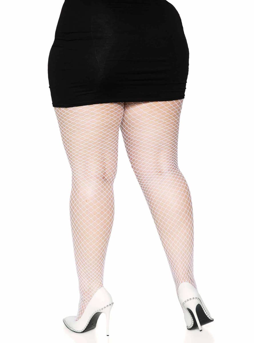 Plus Size White Industrial Net Spandex Costume Stockings Back Image