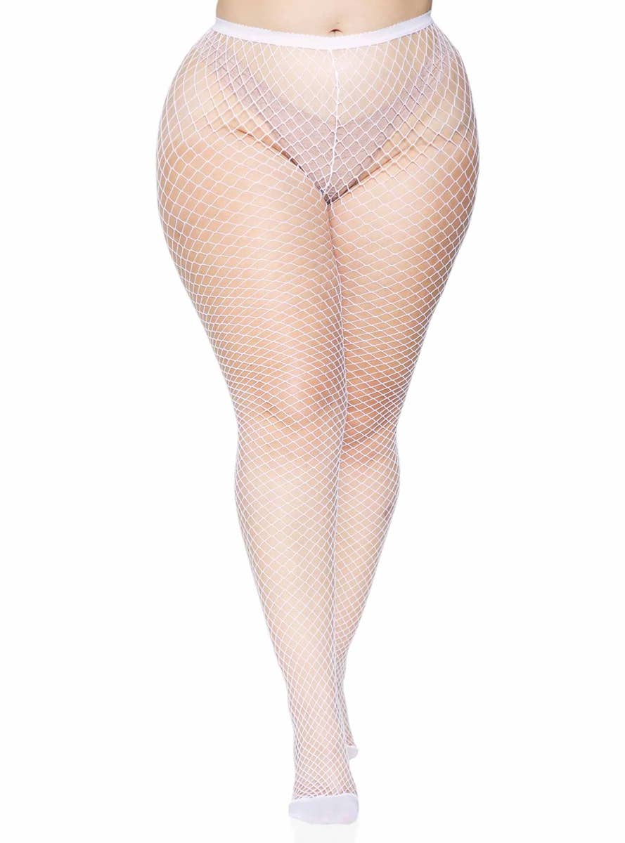 Plus Size White Industrial Net Spandex Costume Stockings Front Image