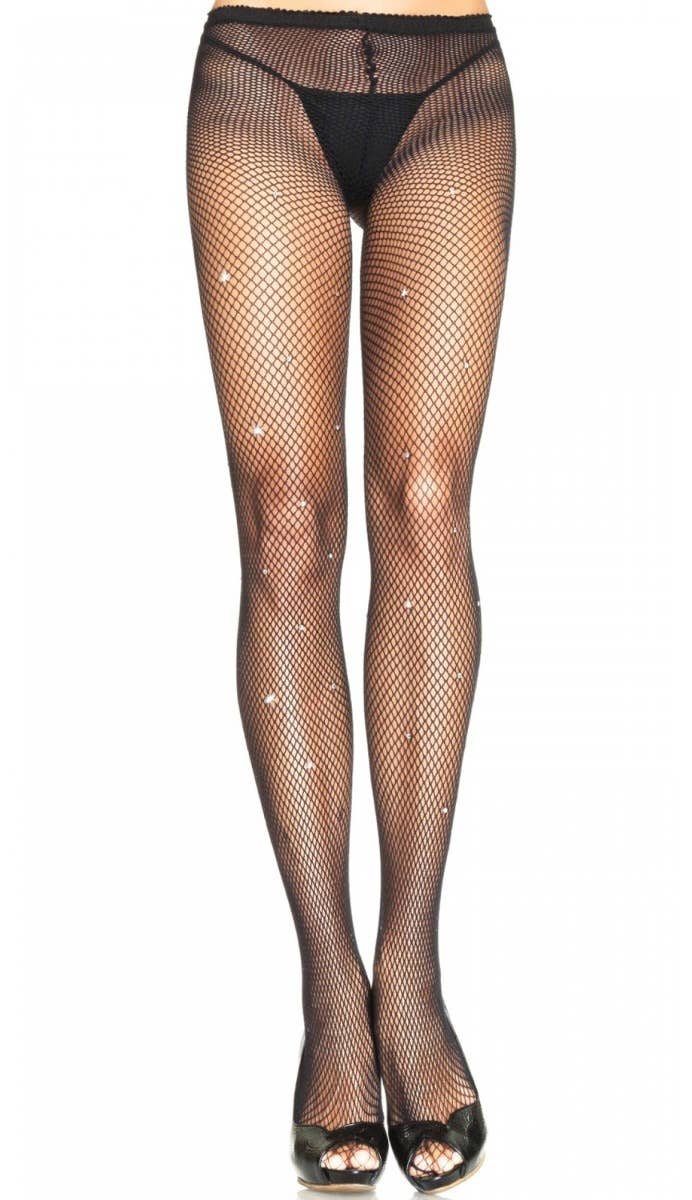 Black Fishnet Stockings with Rhinestone Details Front View