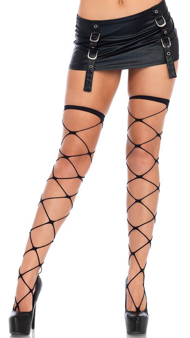 Wide Net Black Thigh High Stockings Front View