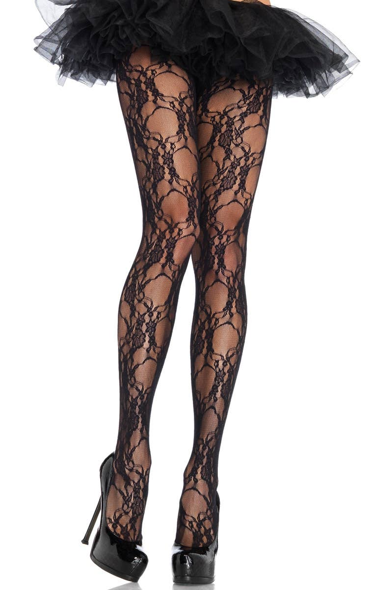 Leg Avenue Ladies Floral Lace Black Full Length Stockings