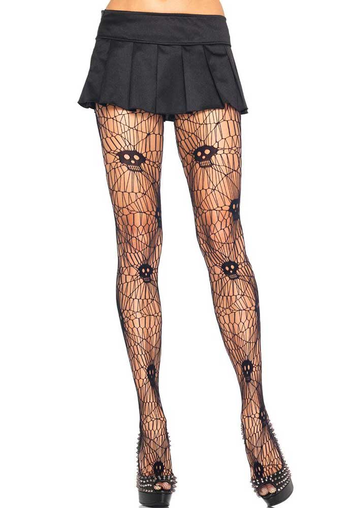 Skulls and Spiderweb Halloween Pantyhose Front View