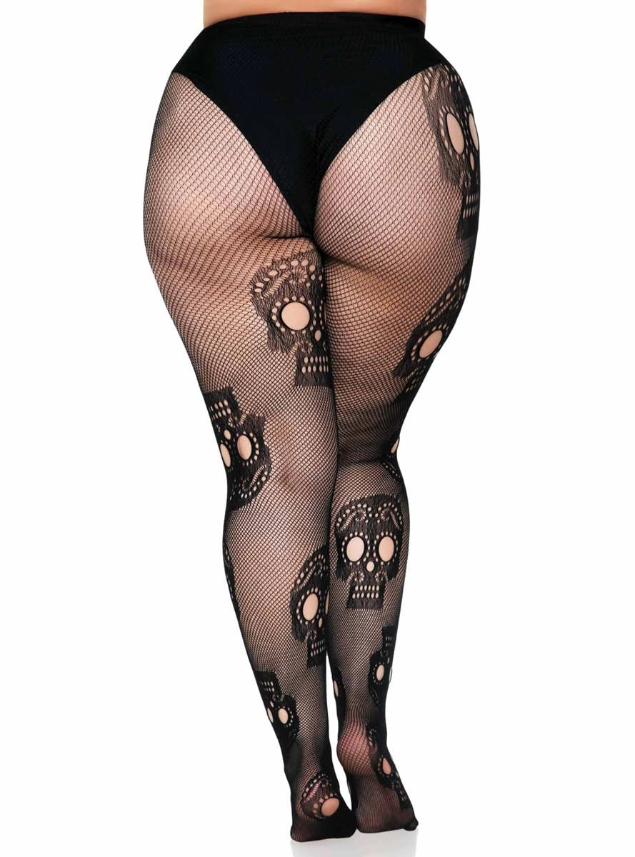 Plus Size Womens Day of the Dead Sugar Skull Black Netted Stockings Alternative Back