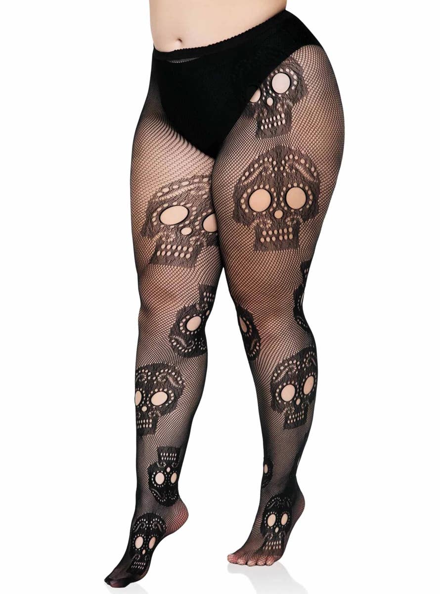 Plus Size Womens Day of the Dead Sugar Skull Black Netted Stockings Front Image