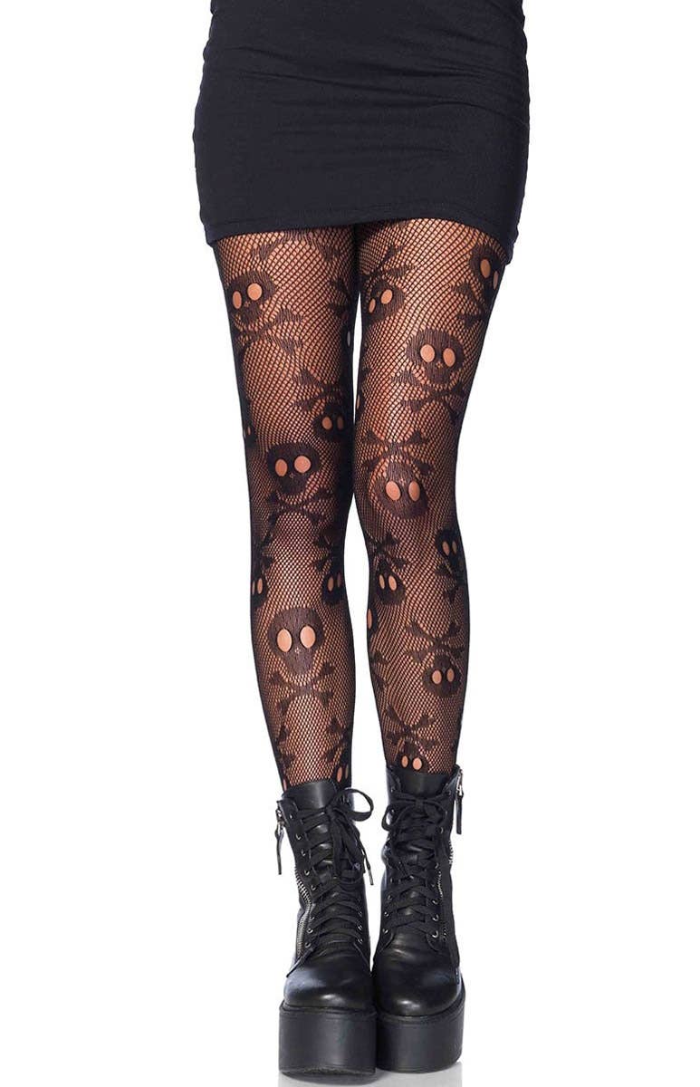 Ladies Pirate Skull and Crossbone Booty Black Netted Costume Stockings